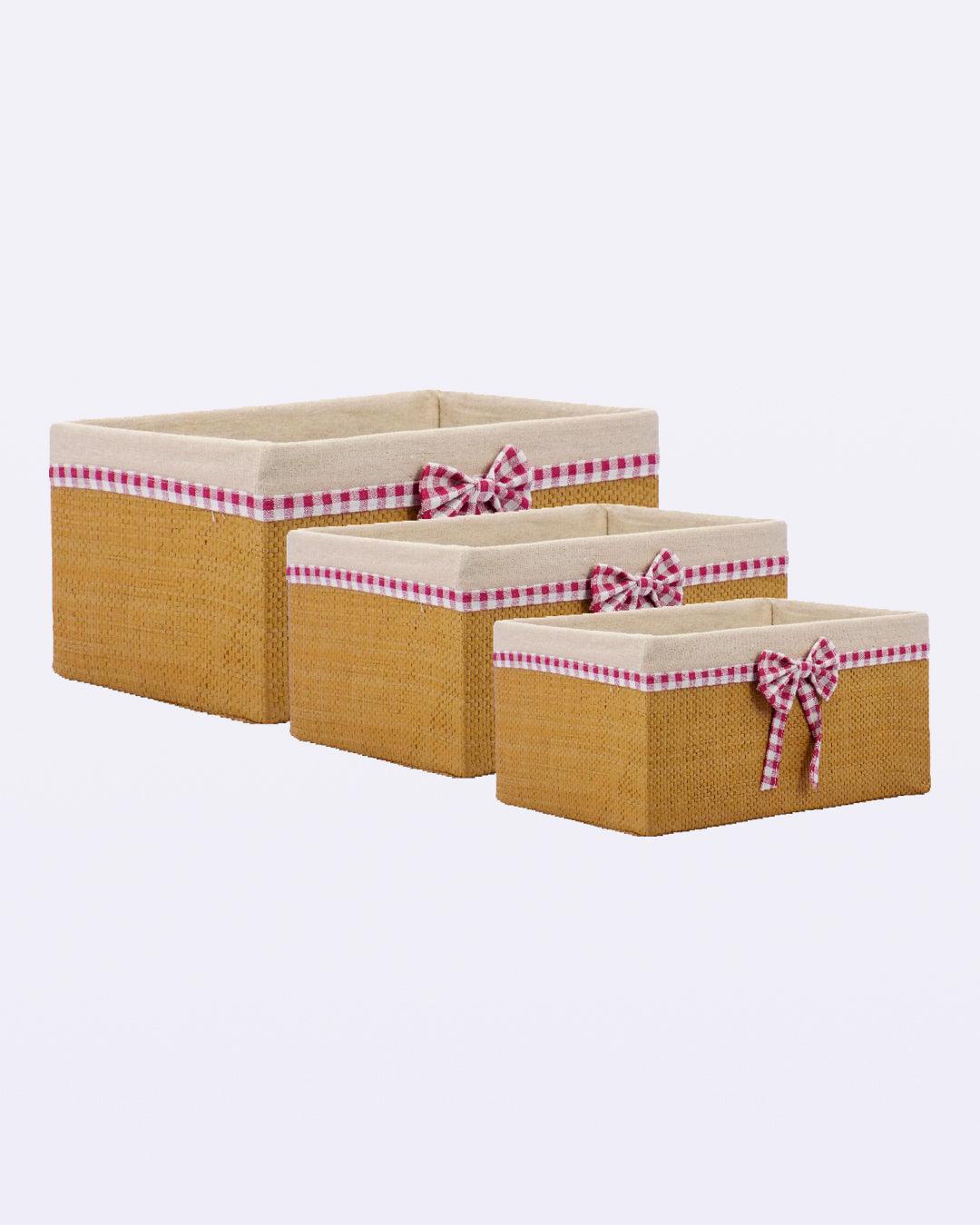 Fabric Basket, for Home Storage, Gingham Print Ribbon, Natural Colour, Paper &Fabric, Set of 3 - MARKET 99