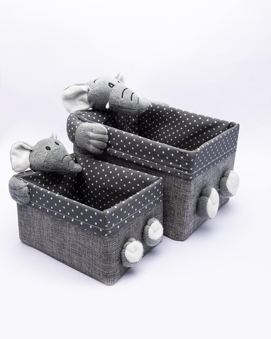 Fabric Toy Basket, for Home Storage, Elephant, Grey, Paper & Fabric, Set of 2 - MARKET 99