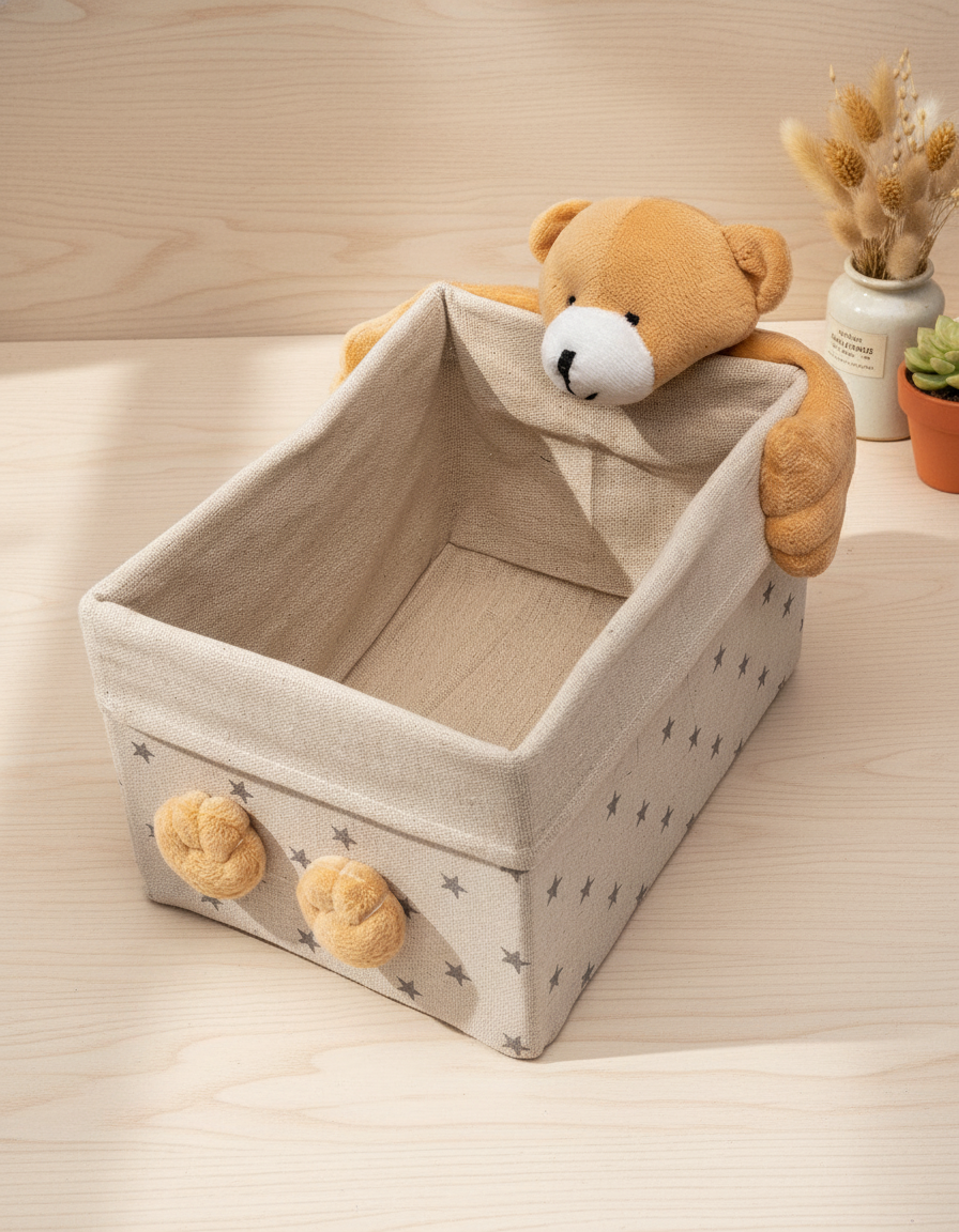 Fabric Toy Basket, for Home Storage, Teddy Bear, Brown, Paper & Fabric, Set of 2