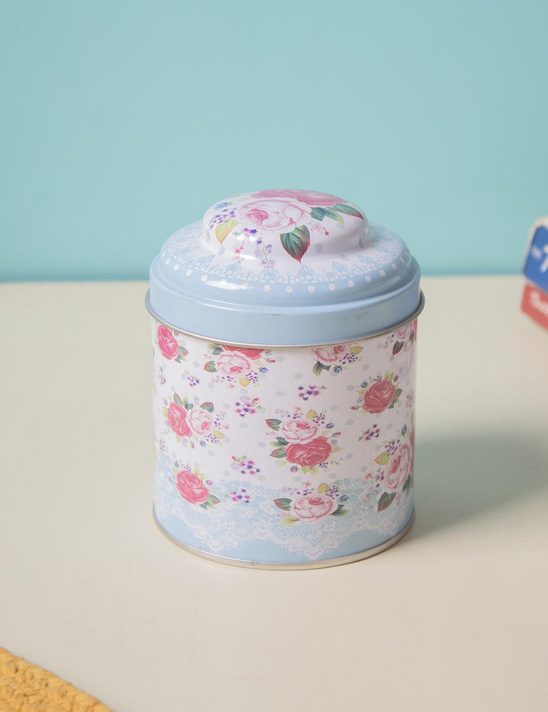 Floral Metal Tin Canister With Lid - Baby Blue