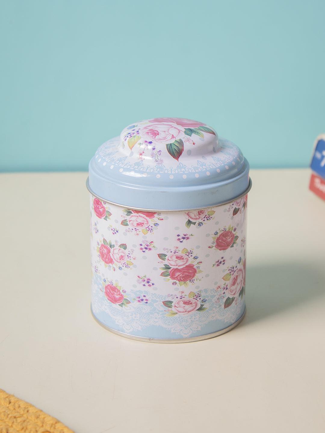 Floral Metal Tin Canister With Lid - Baby Blue