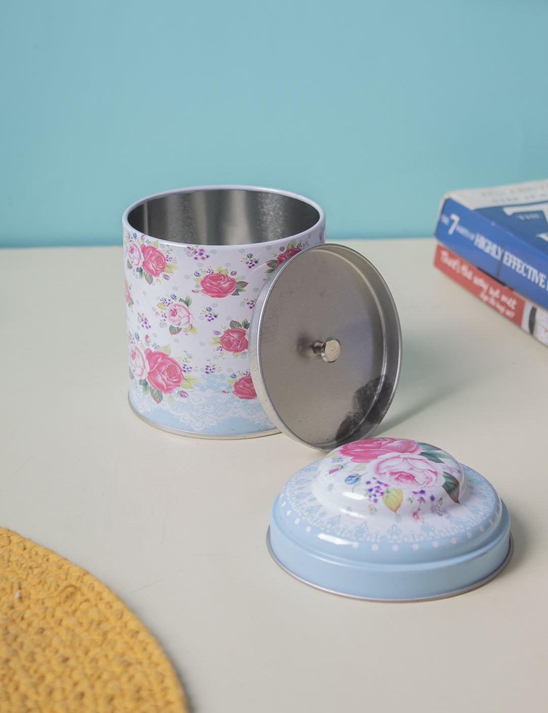 Floral Metal Tin Canister With Lid - Baby Blue