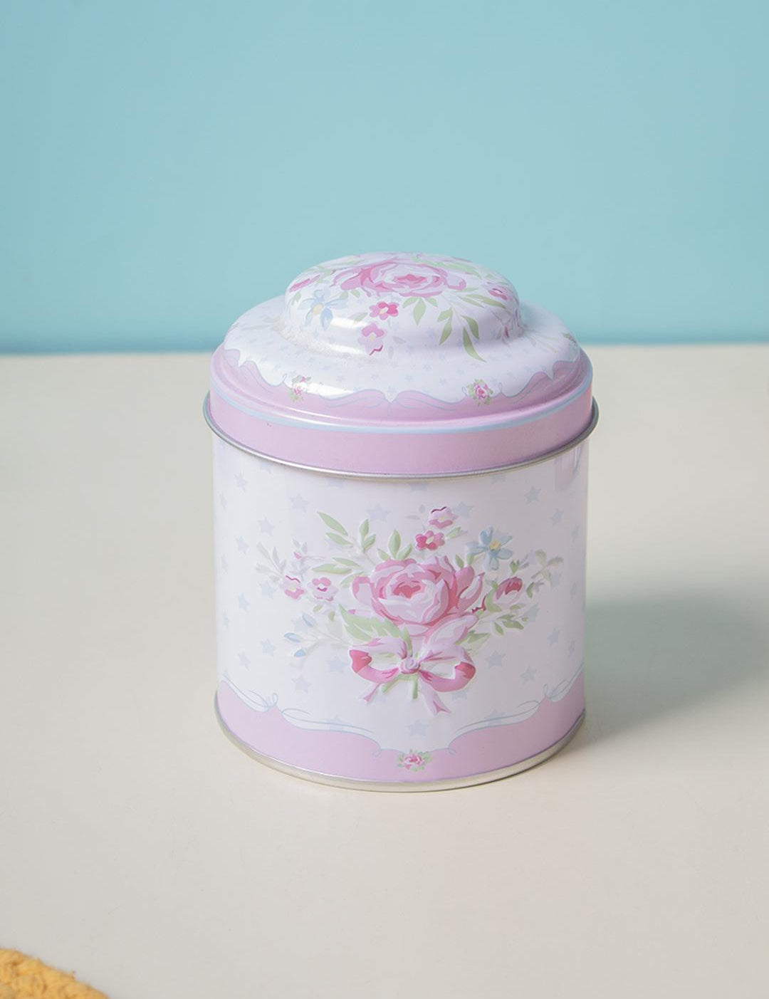 Floral Metal Tin Canister With Lid - Baby Pink