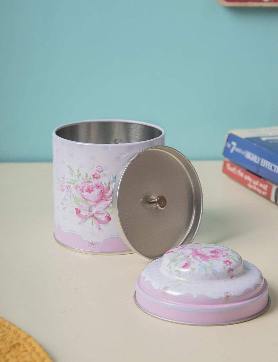 Floral Metal Tin Canister With Lid - Baby Pink