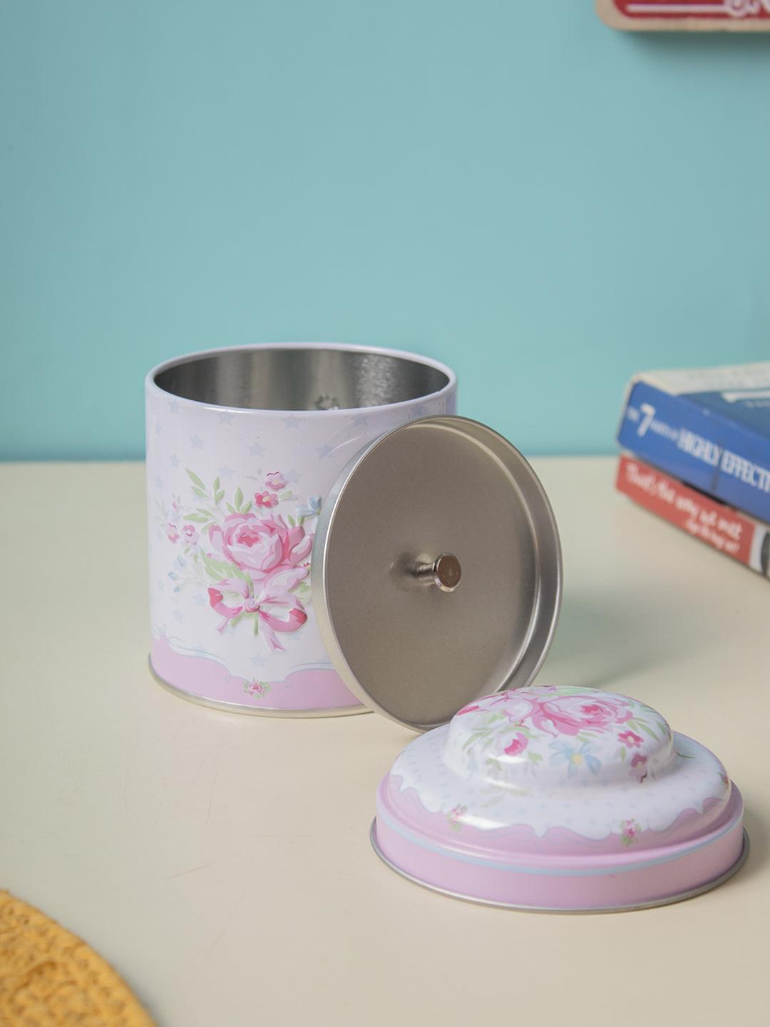 Floral Metal Tin Canister With Lid - Baby Pink