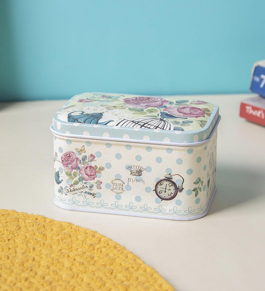 Floral Metal Tin Container Box - Blue Cyan