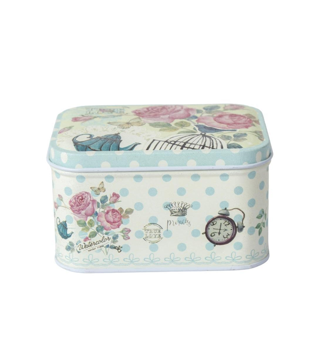 Floral Metal Tin Container Box - Blue Cyan