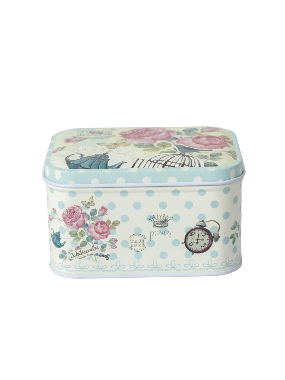 Floral Metal Tin Container Box - Blue Cyan