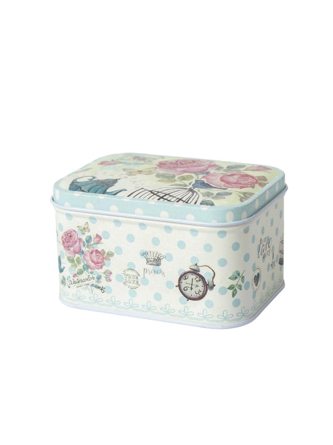 Floral Metal Tin Container Box - Blue Cyan