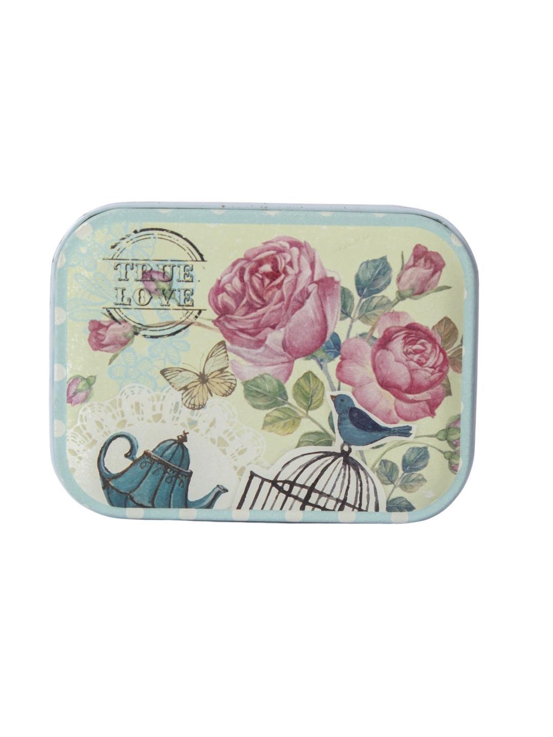 Floral Metal Tin Container Box - Blue Cyan