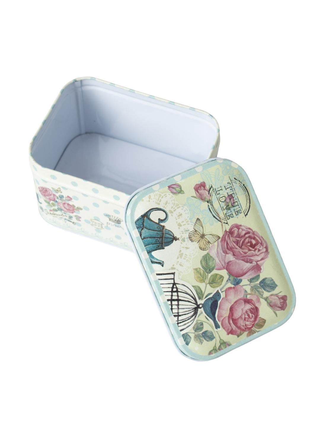 Floral Metal Tin Container Box - Blue Cyan