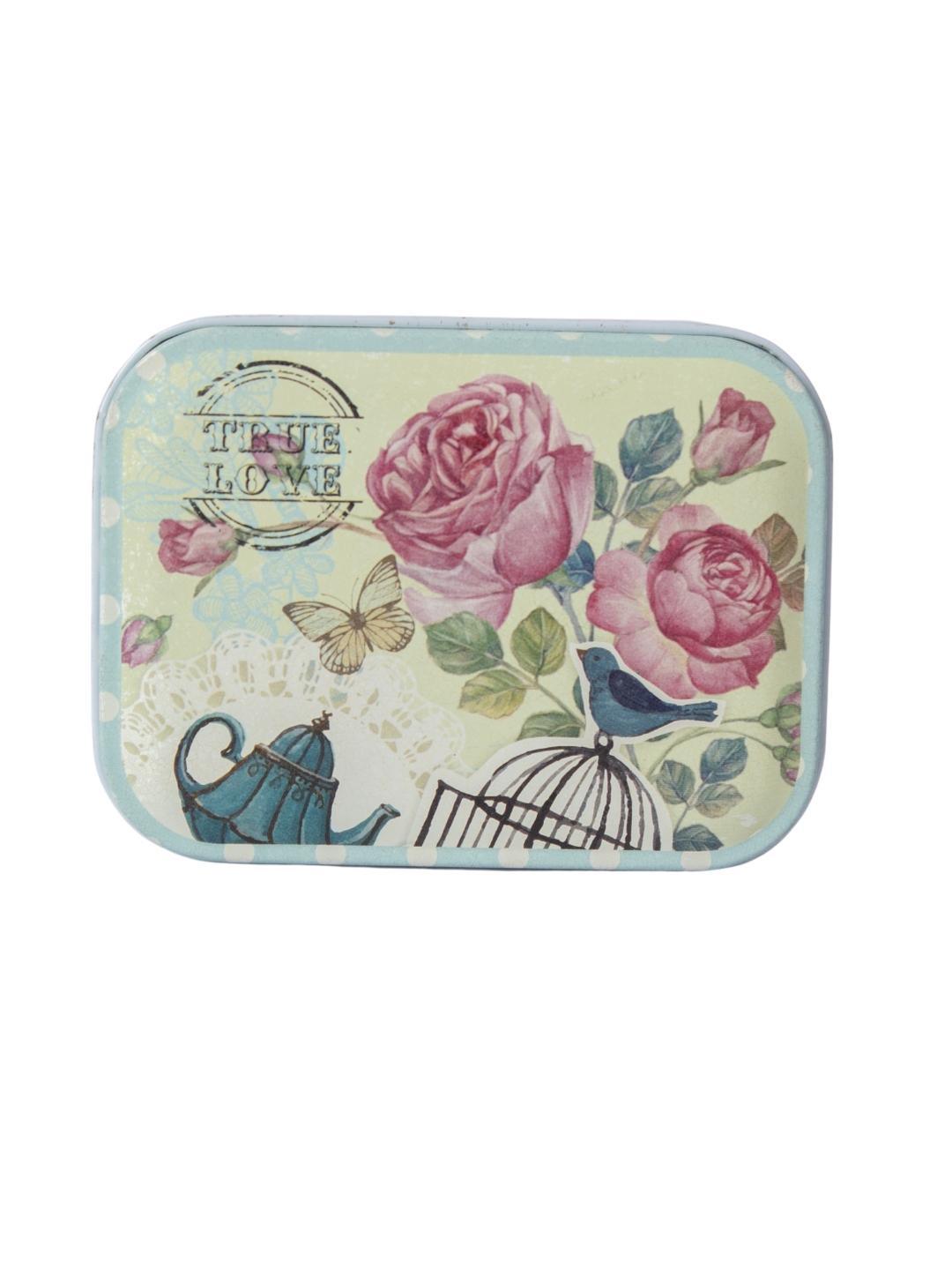 Floral Metal Tin Container Box - Blue Cyan