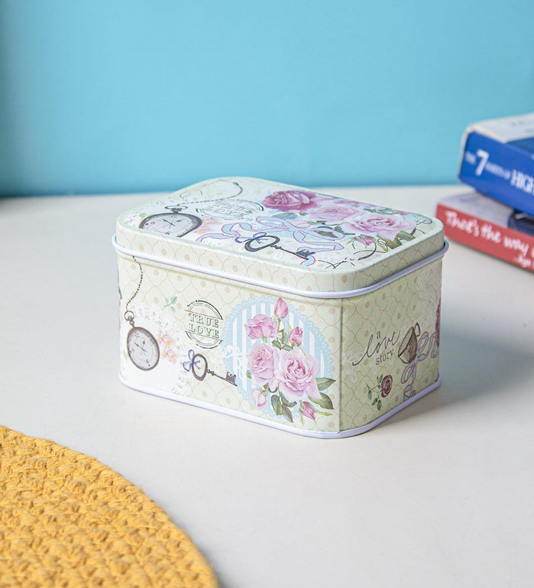 Floral Metal Tin Container Box - Green