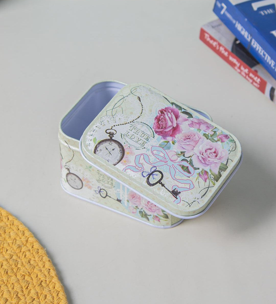 Floral Metal Tin Container Box - Green