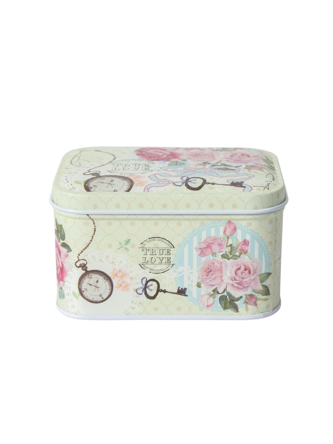 Floral Metal Tin Container Box - Green