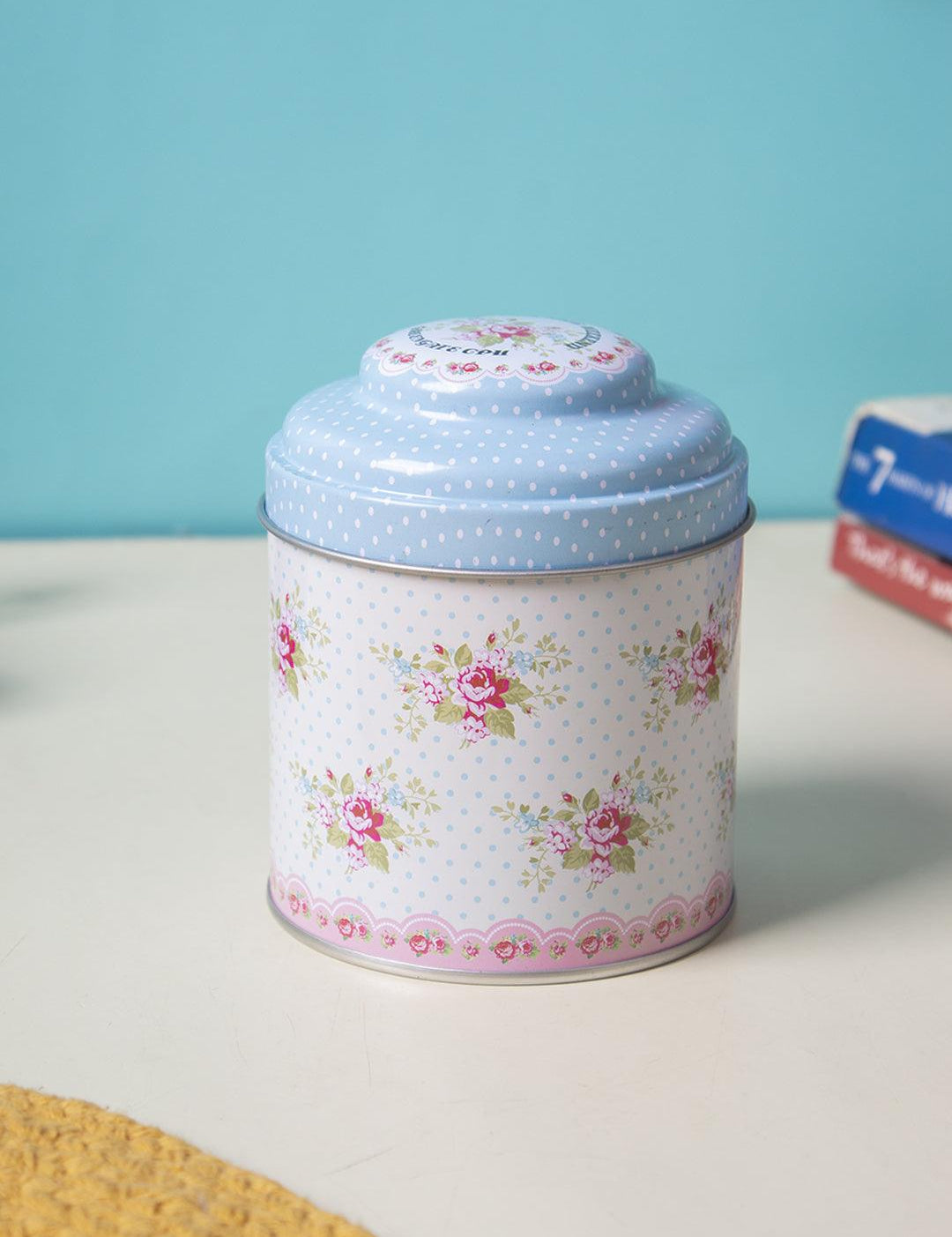 Floral Tin Storage Canister with Lid - Baby Blue