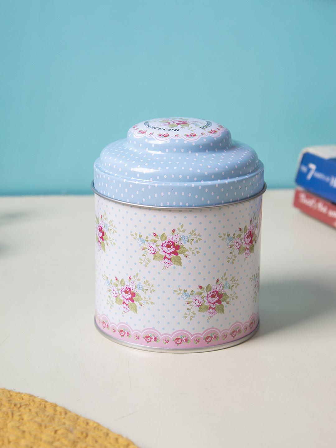 Floral Tin Storage Canister with Lid - Baby Blue