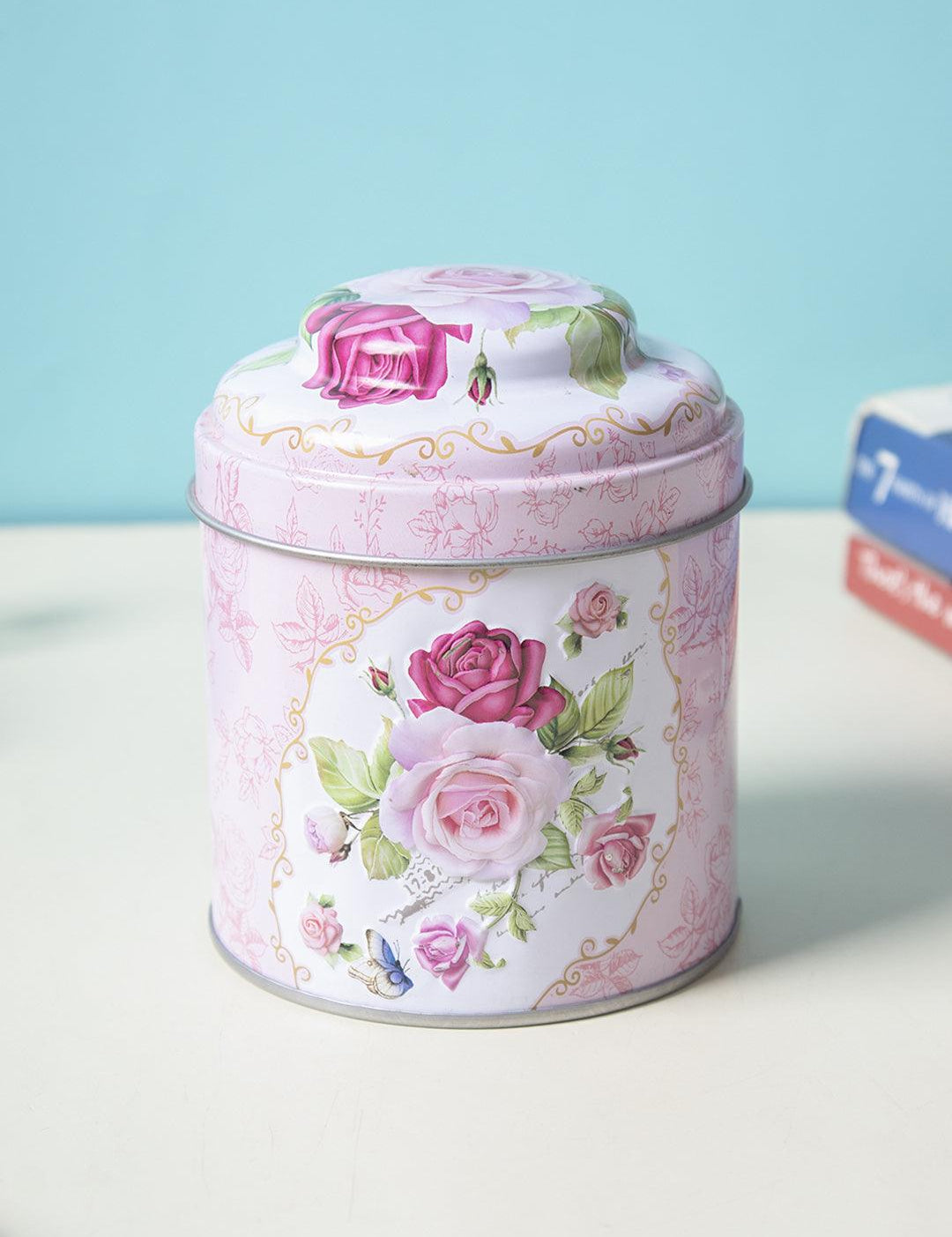 Floral Tin Storage Canister with Lid - Baby Pink