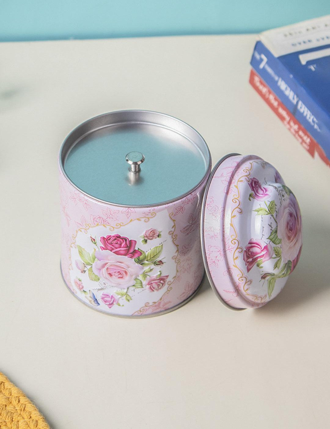 Floral Tin Storage Canister with Lid - Baby Pink