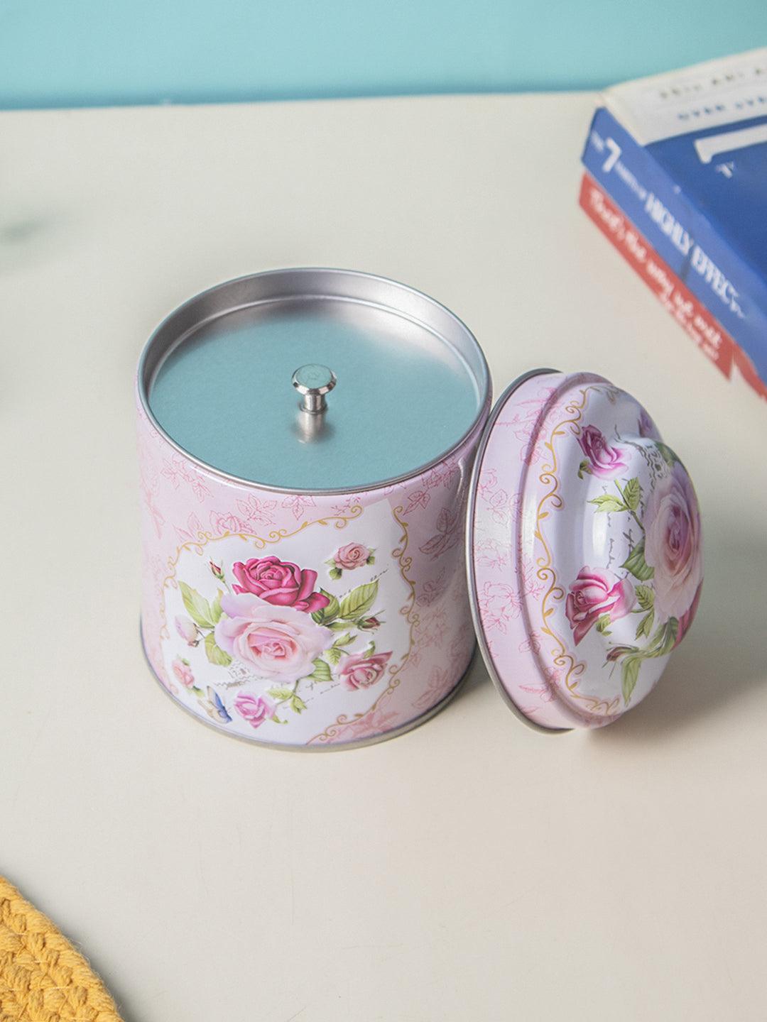 Floral Tin Storage Canister with Lid - Baby Pink