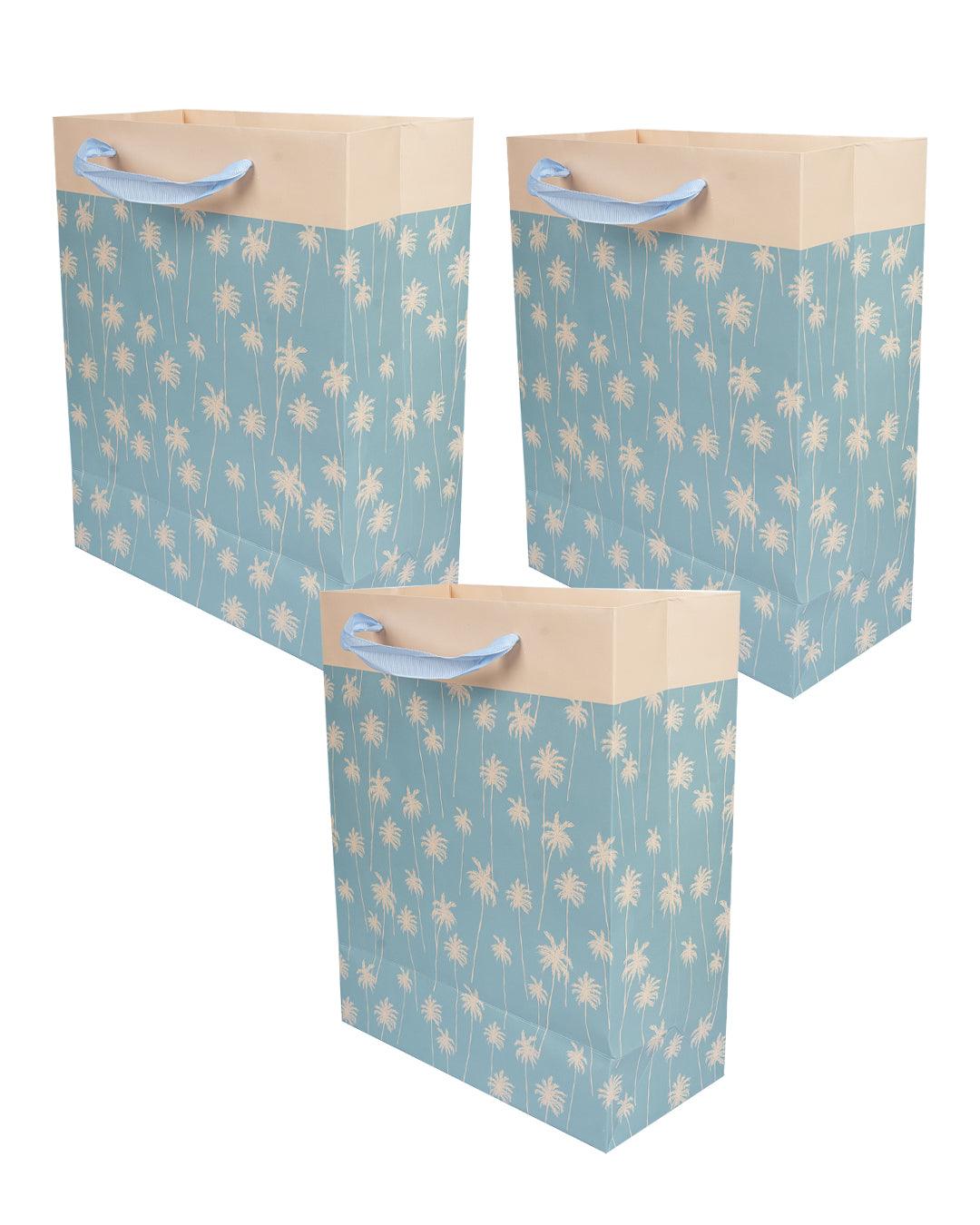 Gift Bag, Botanical Print, Large, Paper Bag, Cyan, Paper, Set of 3 - MARKET 99