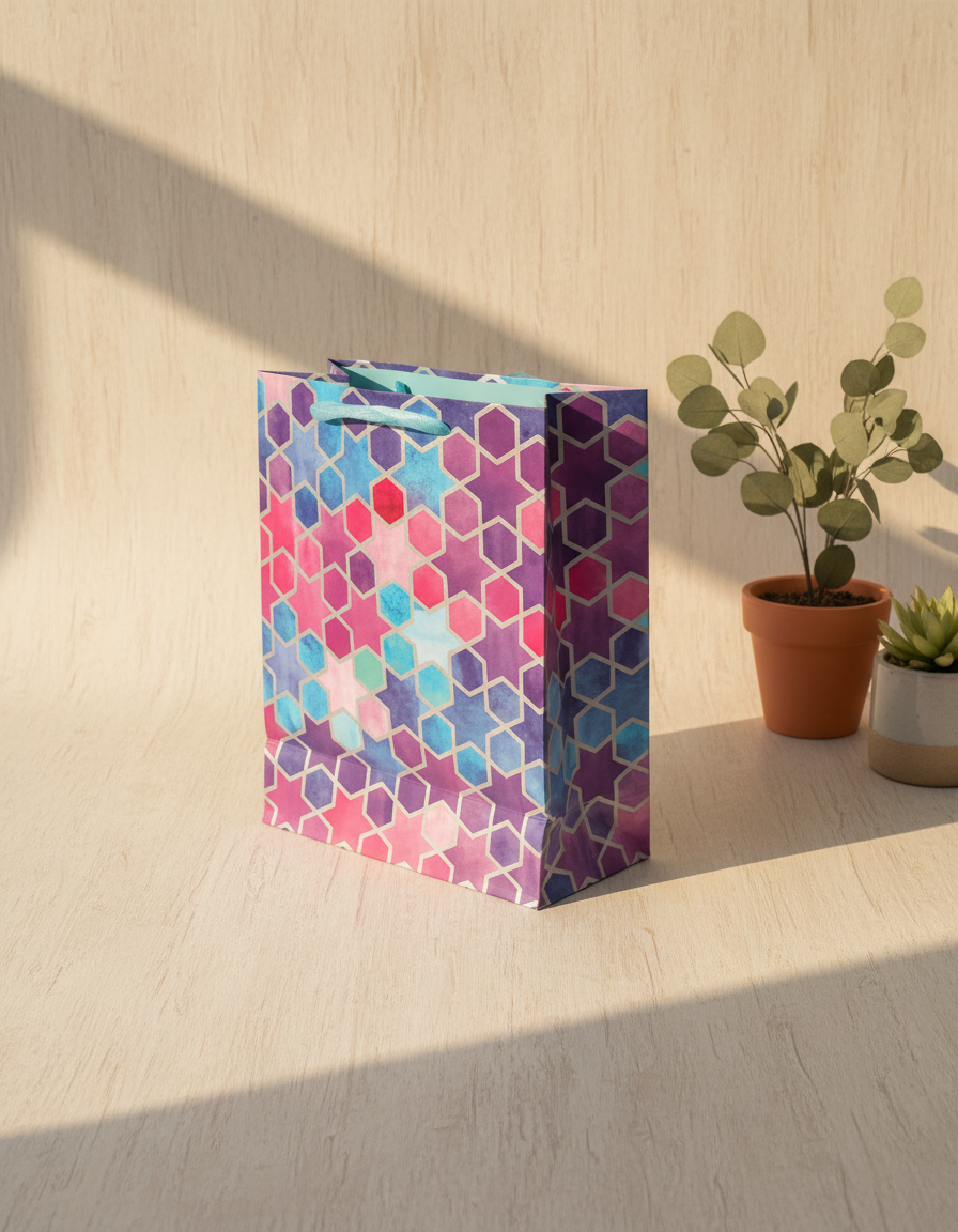 Gift Bag, Stars & Circles Print, Medium, Paper Bag, Multicolor, Paper, Set of 3