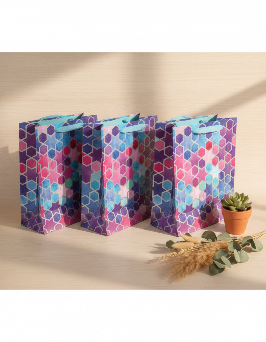 Gift Bag, Stars & Circles Print, Medium, Paper Bag, Multicolor, Paper, Set of 3