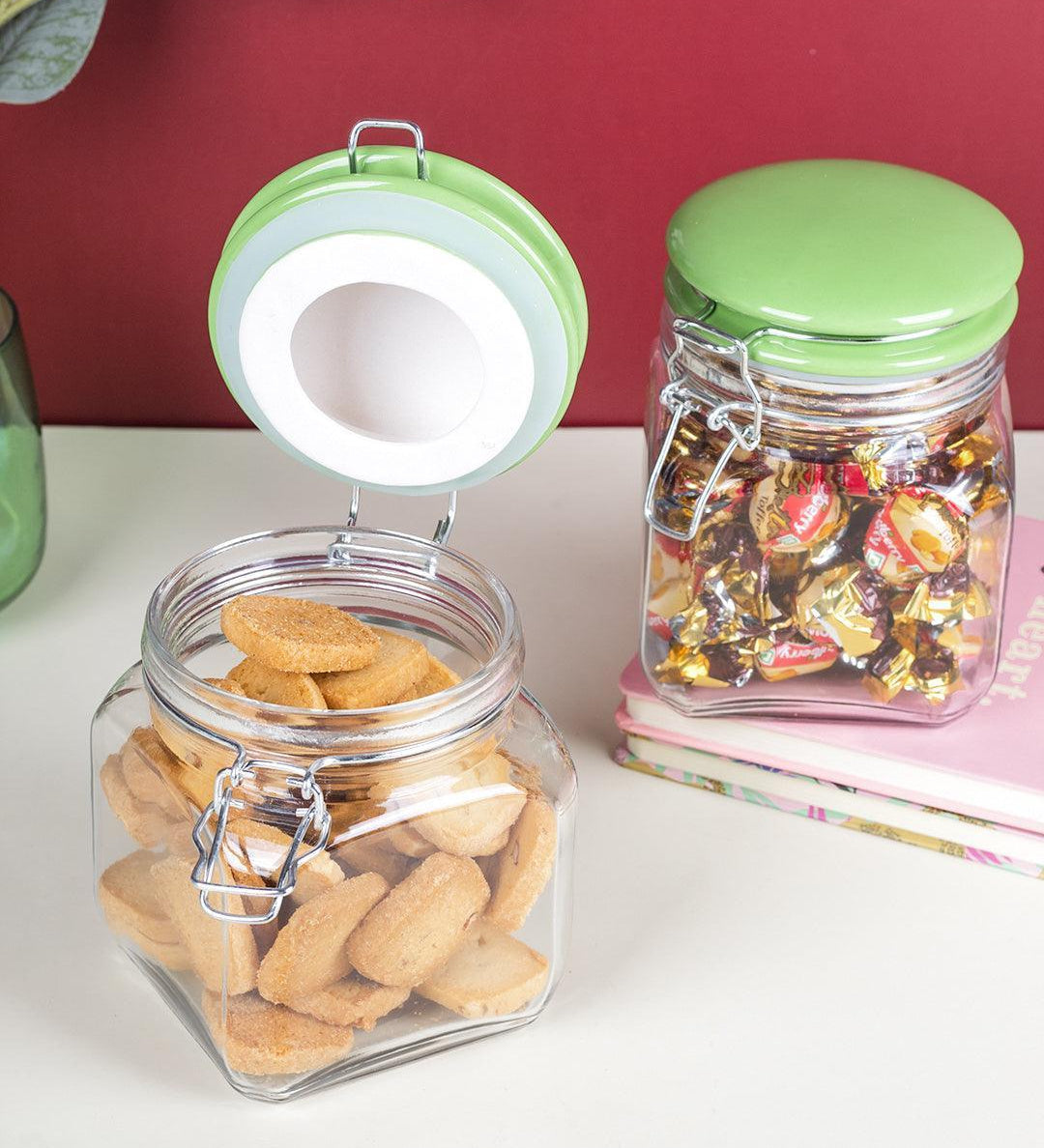 Market99 Glass Jar With Green Ceramic Lid Pack Of 2 Pcs - (Each 700 Ml) - MARKET 99