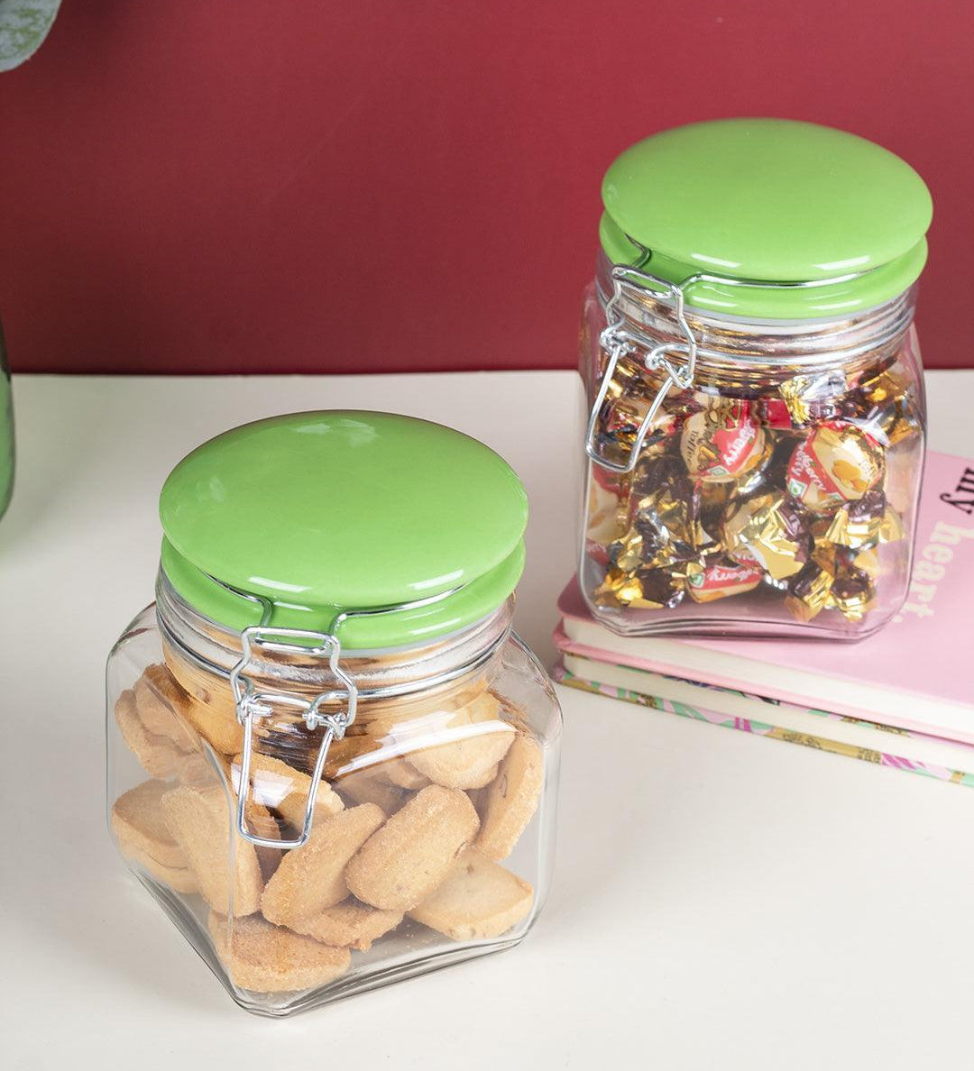 Glass Jar With Green Ceramic Lid Pack Of 2 Pcs - (Each 700 Ml) - MARKET 99