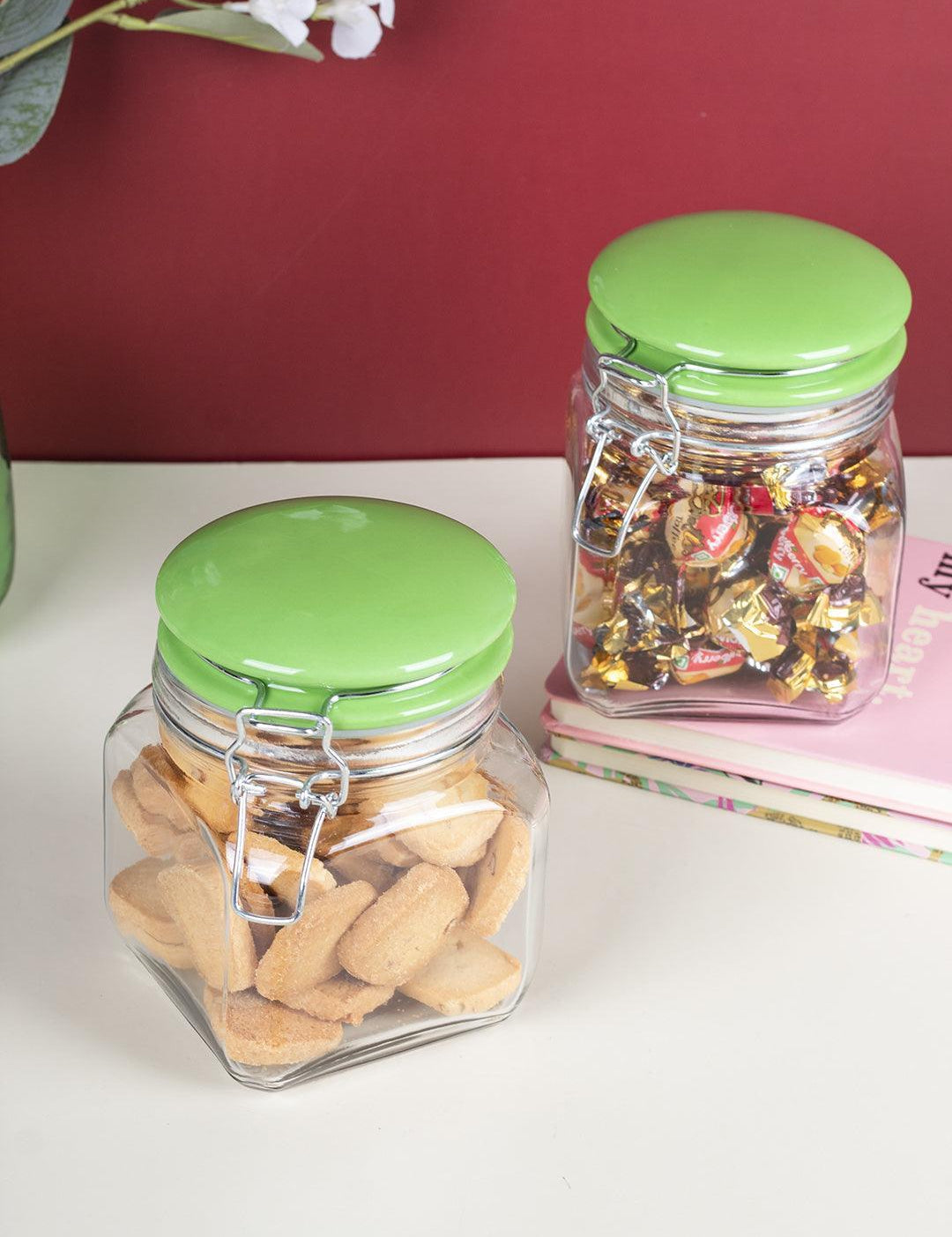 Glass Jar With Green Ceramic Lid Pack Of 2 Pcs - (Each 700 Ml) - MARKET 99