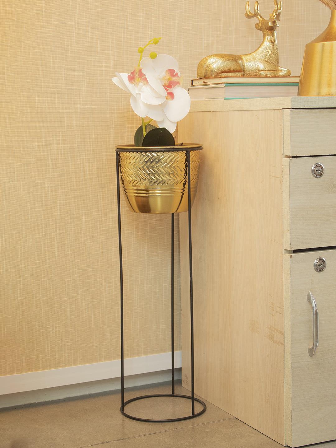 Gold Hammered Metal Floor Planter with Stand - MARKET 99
