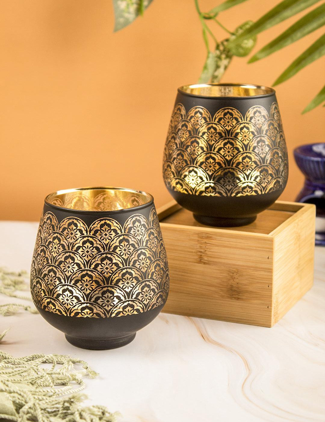 Golden Glass Tealight Candle Holders Pack Of 2 Pcs - MARKET 99