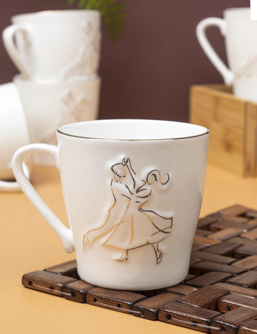 GOLDEN RING + VIENNESE WALTZ DANCER' Print Ceramic Tea & Coffee Mugs (Set Of 6, Each 200mL) - MARKET 99