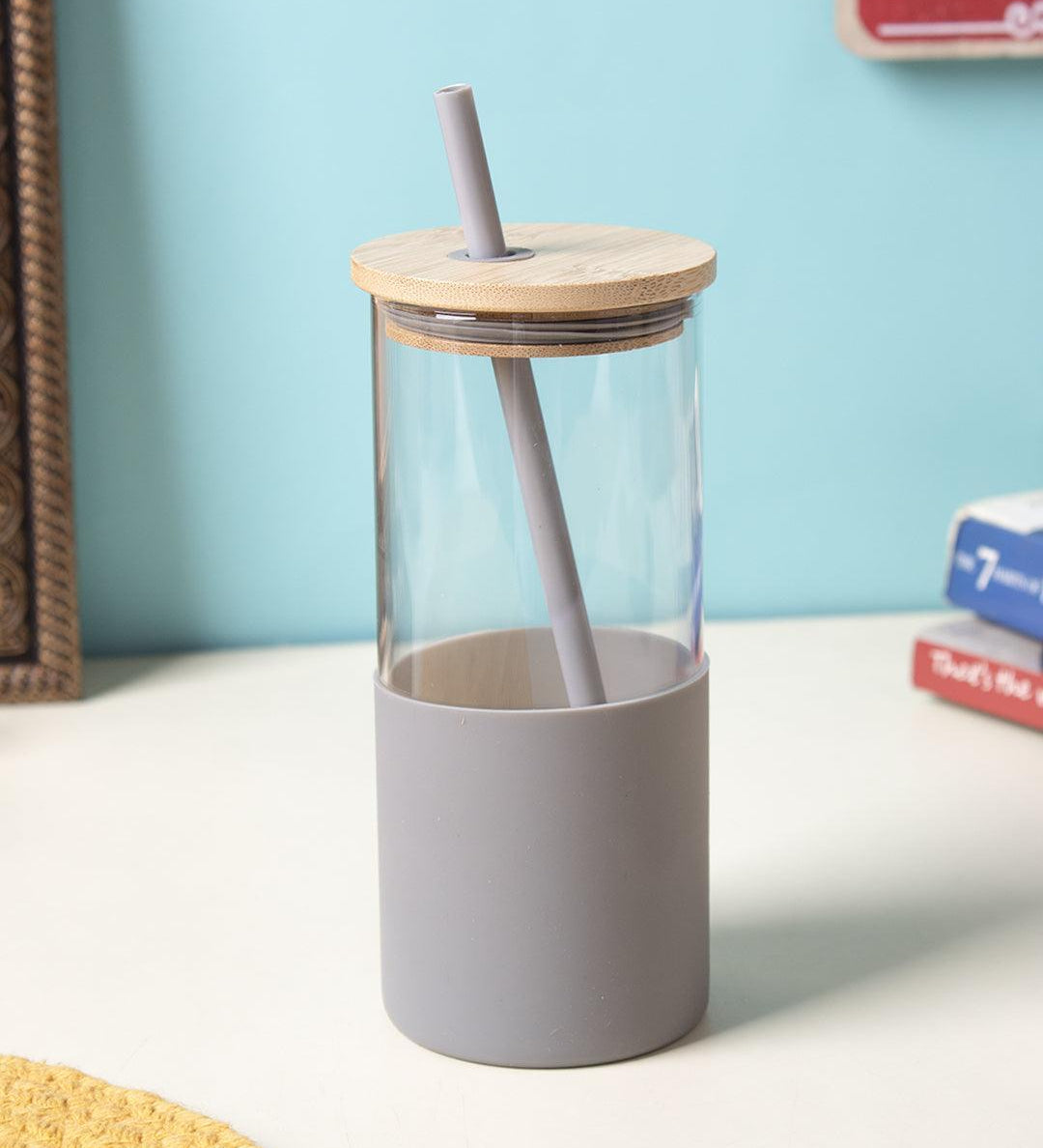 Grey Borosilicate Glass Sipper With Straw - 350 Ml