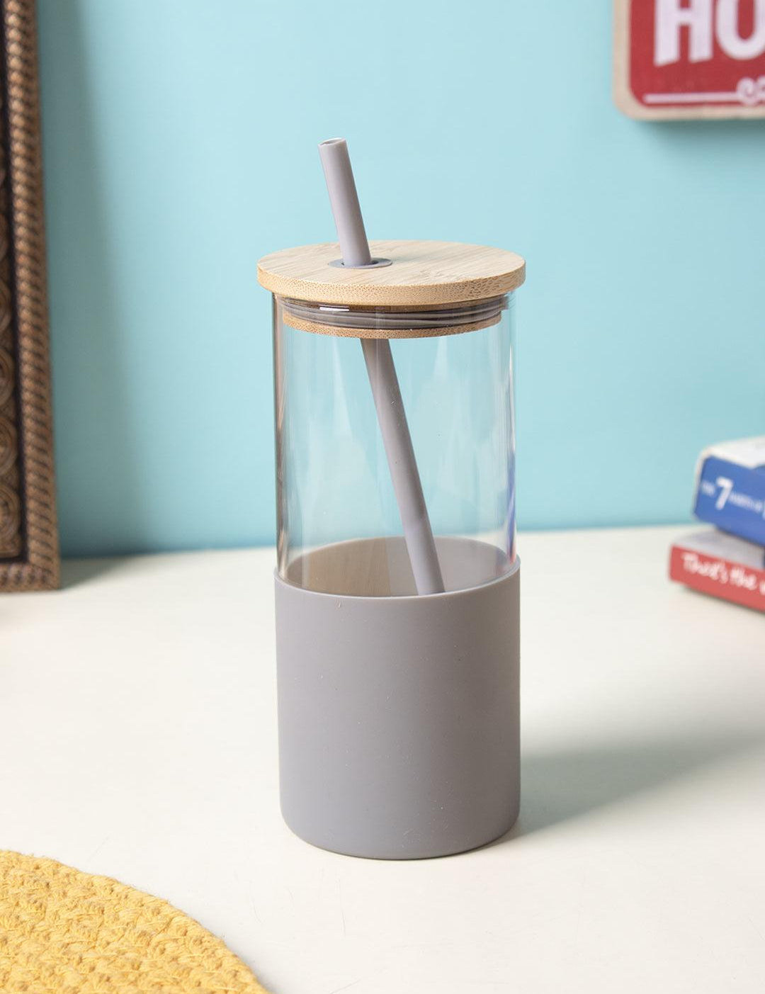 Grey Borosilicate Glass Sipper With Straw - 350 Ml