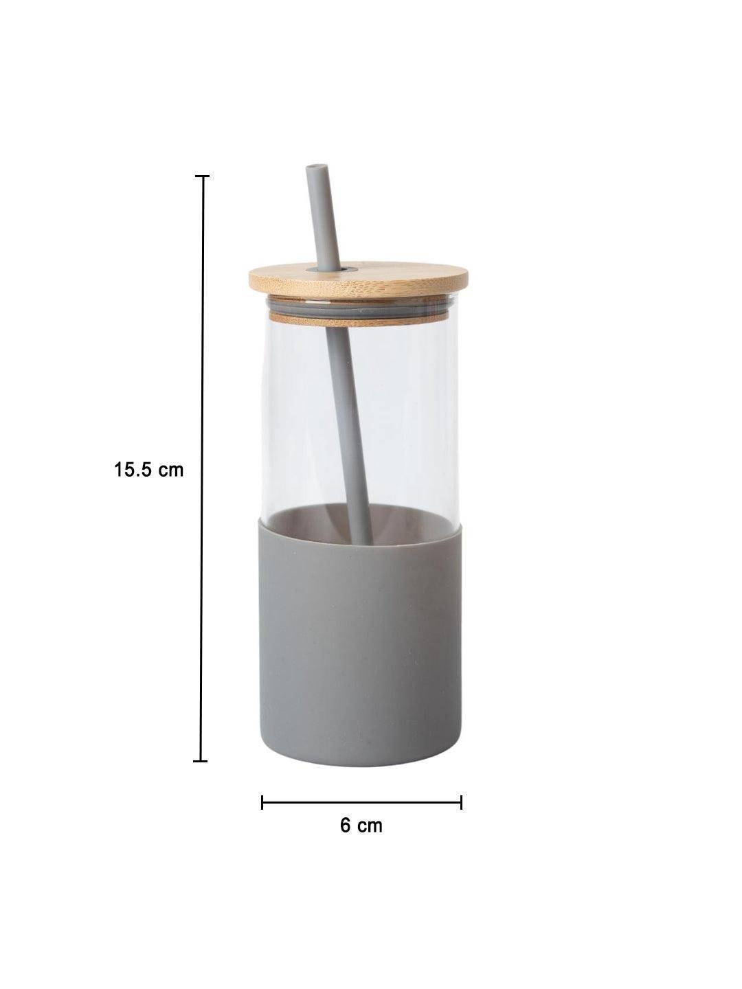 Grey Borosilicate Glass Sipper With Straw - 350 Ml