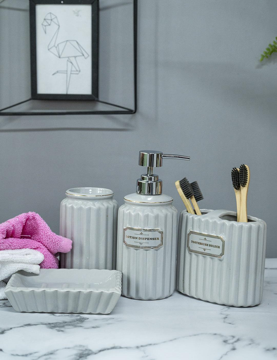 Grey Ceramic Bathroom Set Of 4 - Ribbed Design, Bath Accessories - MARKET 99