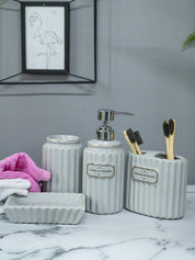 Grey Ceramic Bathroom Set Of 4 - Ribbed Design, Bath Accessories - MARKET 99