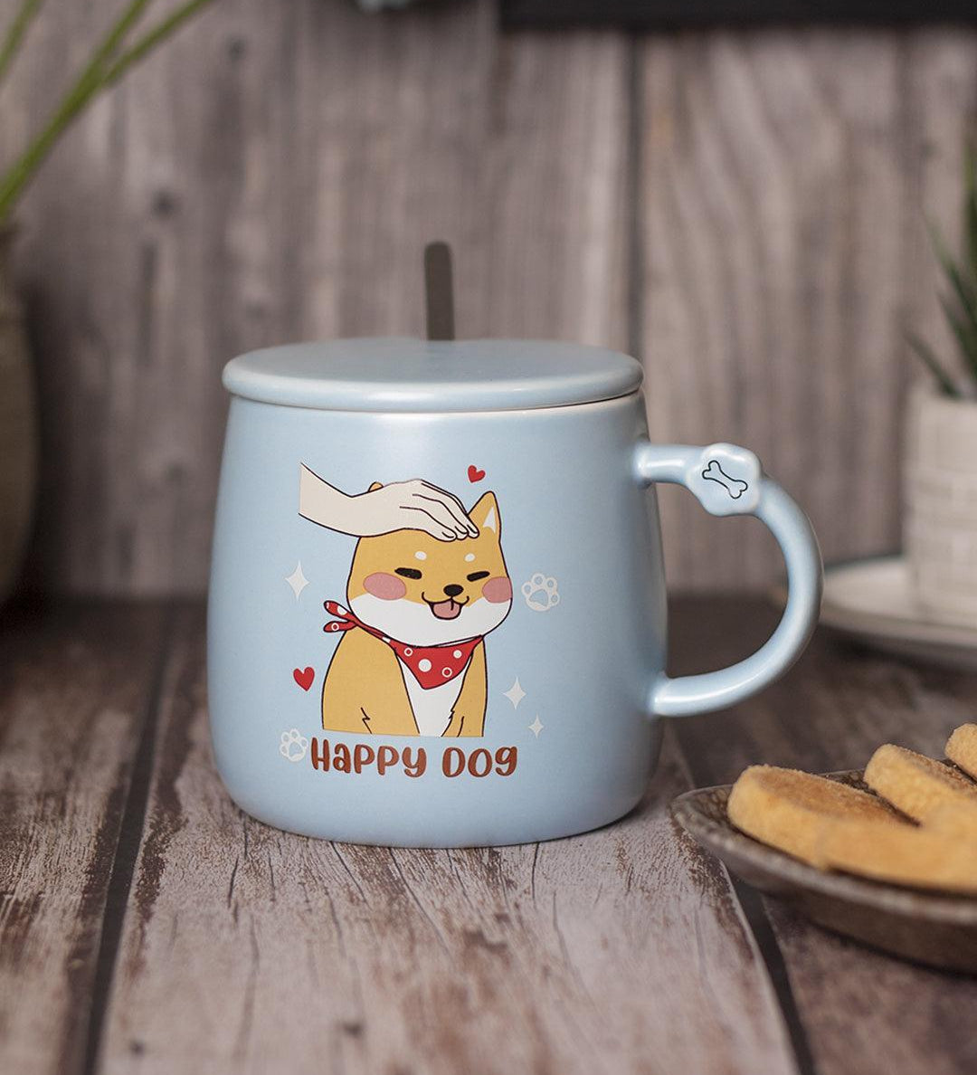 HAPPY DOG' Coffee Mug With Lid - Light Blue, Cat, 420 Ml - MARKET 99