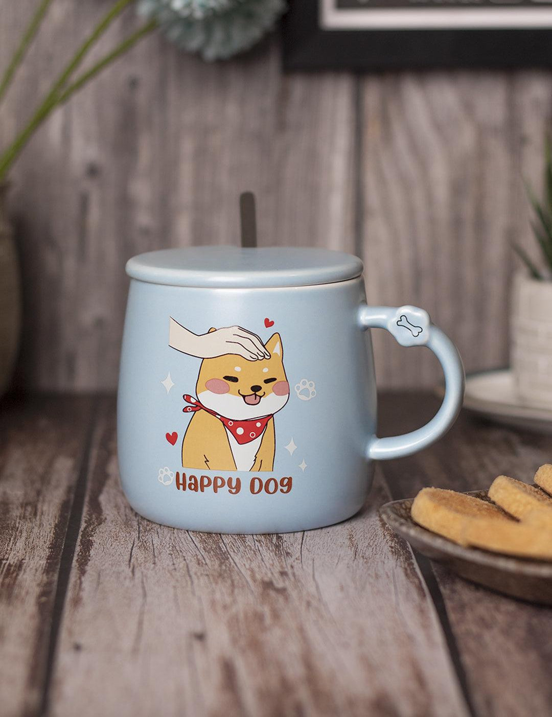 HAPPY DOG' Coffee Mug With Lid - Light Blue, Cat, 420 Ml - MARKET 99