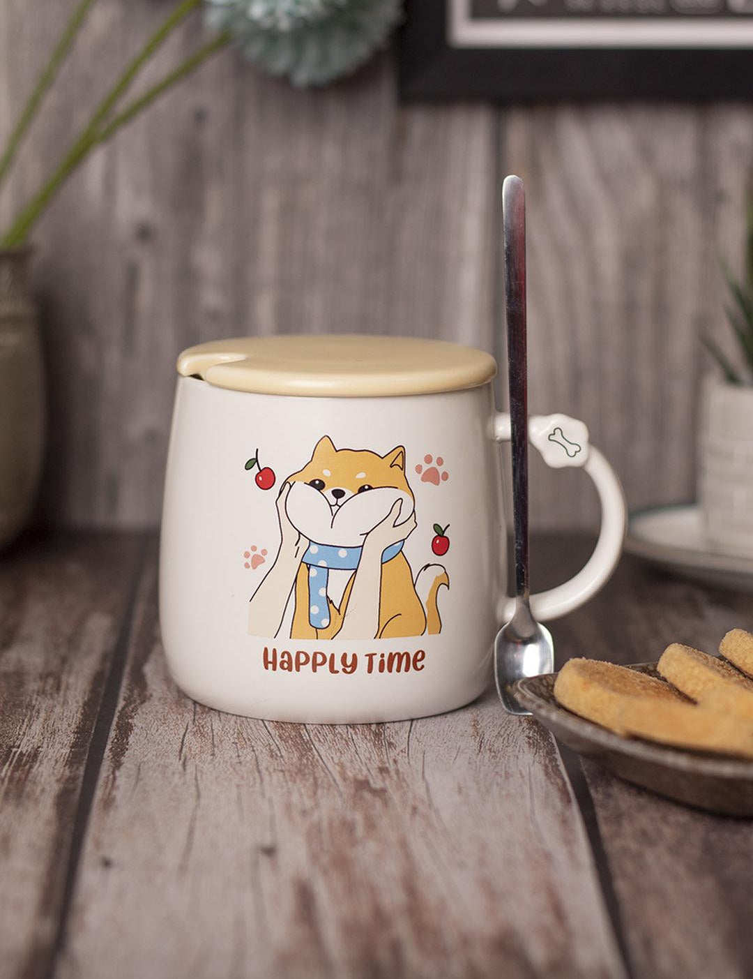 HAPPY TIME' Coffee Mug With Lid - White, Cat, 420 Ml - MARKET 99