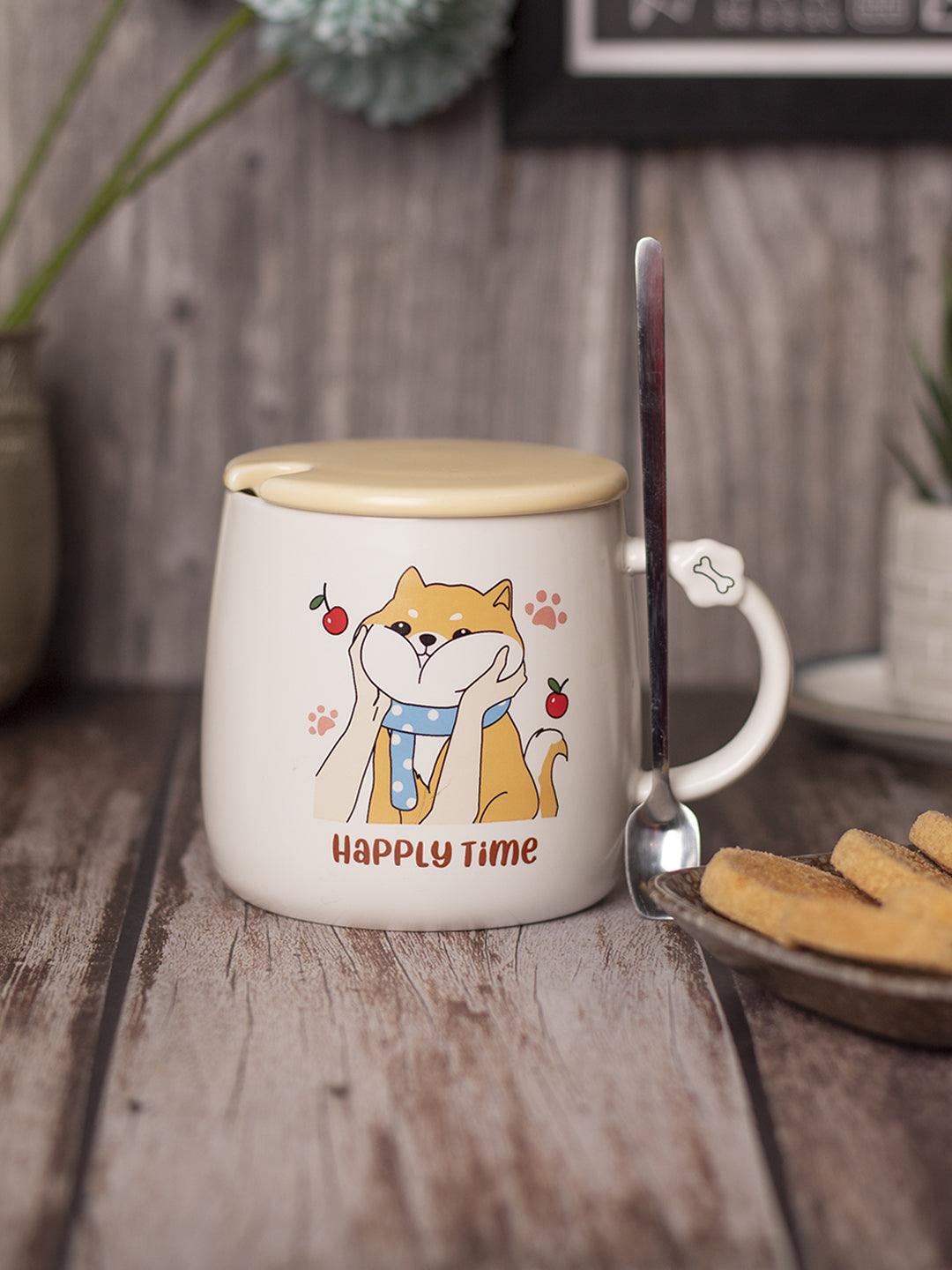 HAPPY TIME' Coffee Mug With Lid - White, Cat, 420 Ml - MARKET 99