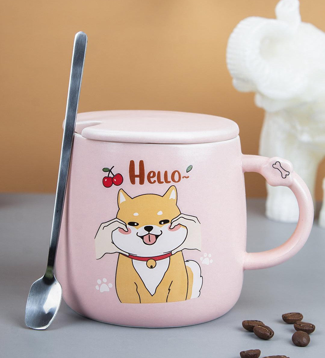 'HELLO' Coffee Mug With Lid - Pink, Cat, 420 Ml - MARKET 99