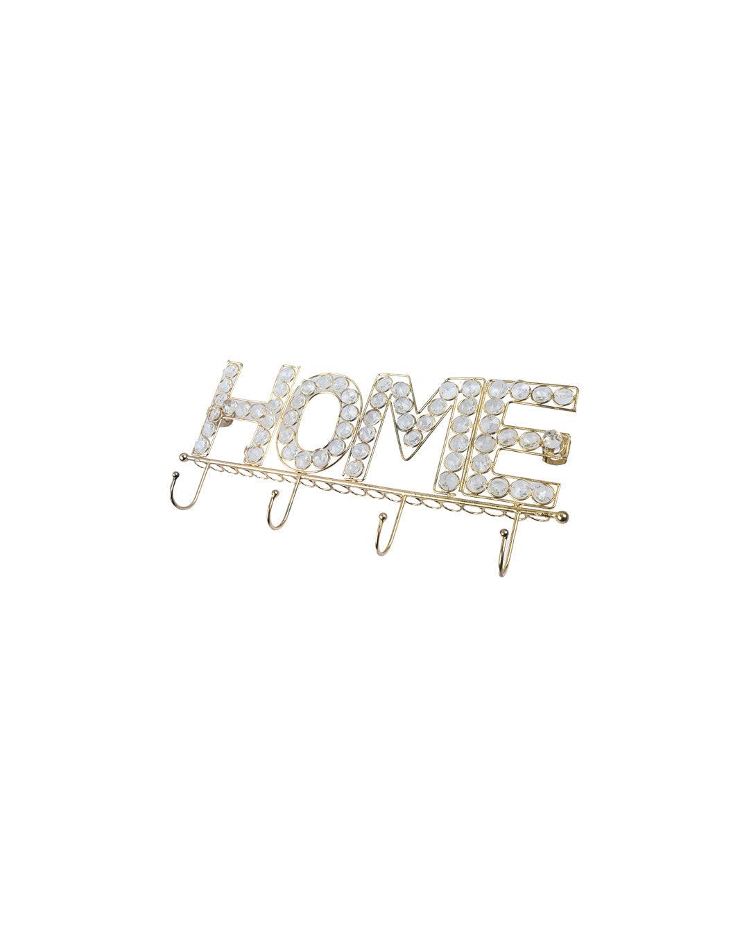 "HOME Sign" Silver Crystal Wall Mounted Decor Hook, 4 Hooks, Golden, Iron