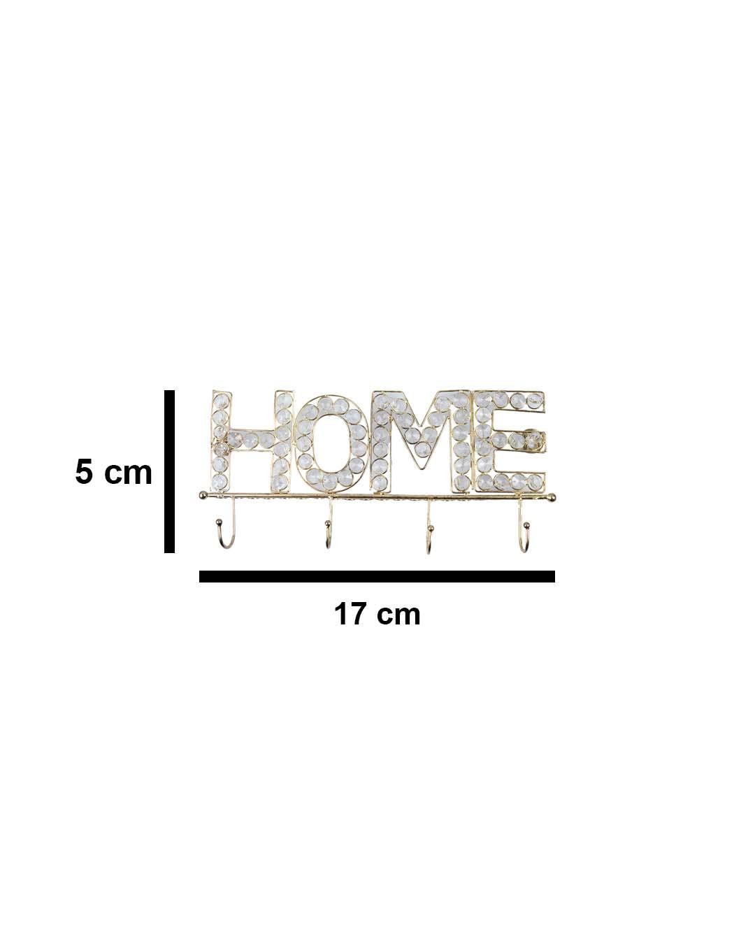 "HOME Sign" Silver Crystal Wall Mounted Décor Hook, 4 Hooks, Golden, Iron - MARKET 99