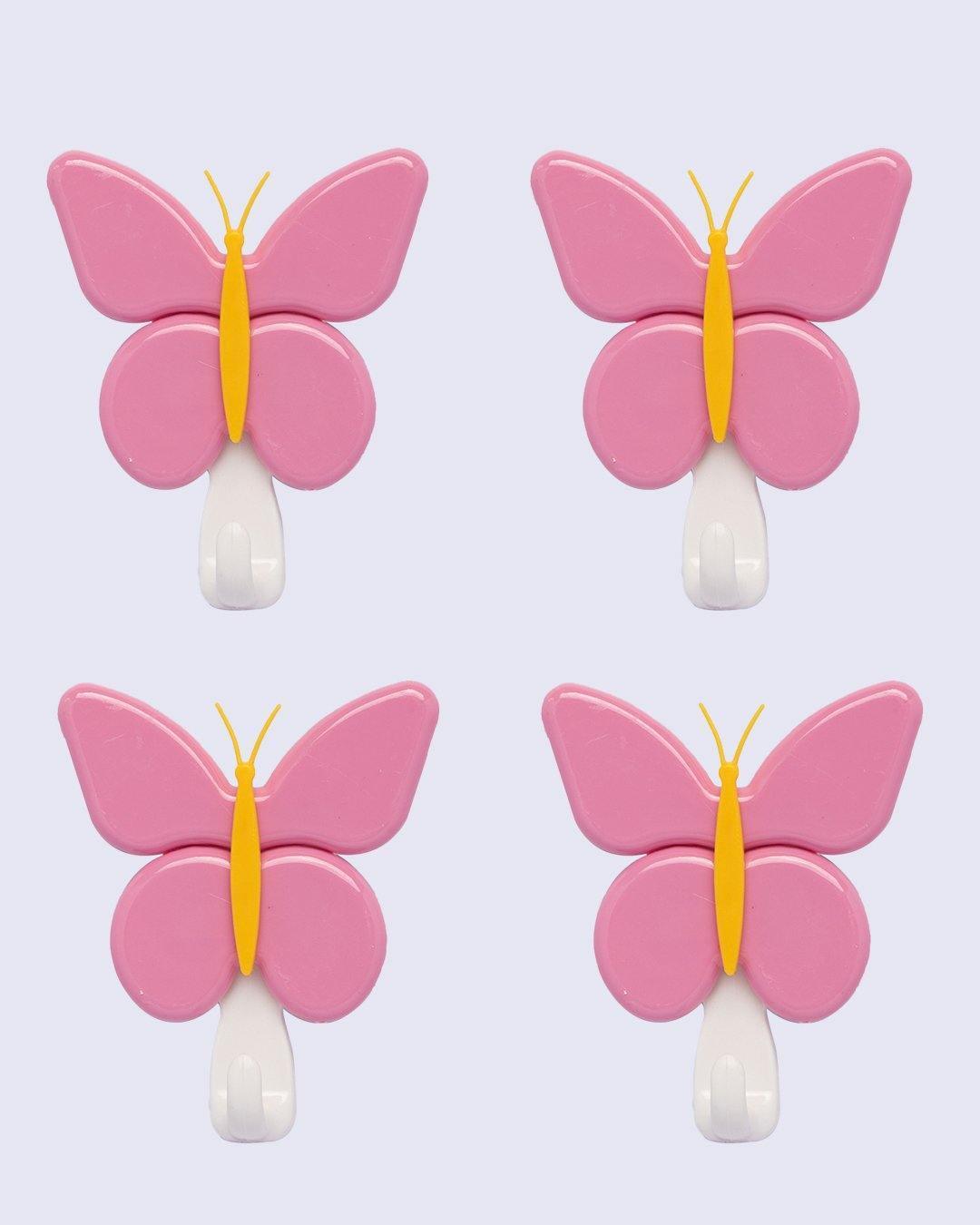 Hook Set, Self Adhesive Hooks, Butterfly Shape, Pink, Plastic, Set of 4 - MARKET 99