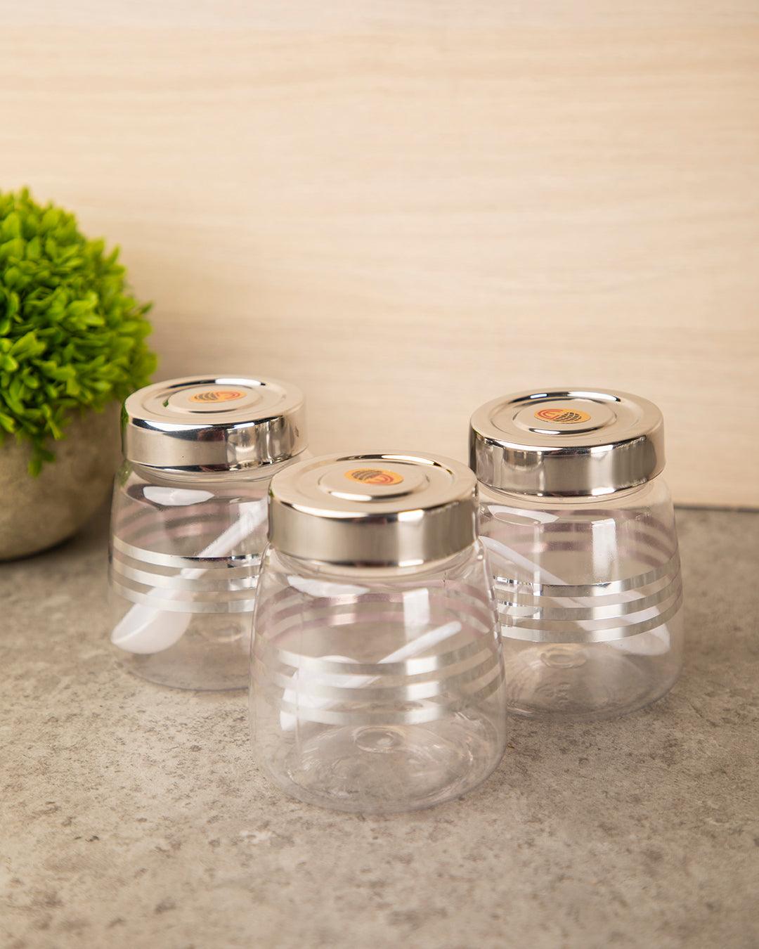 Jar, with Steel Cap, Transparent & Silver, Plastic, Set of 3, 200 mL - MARKET 99