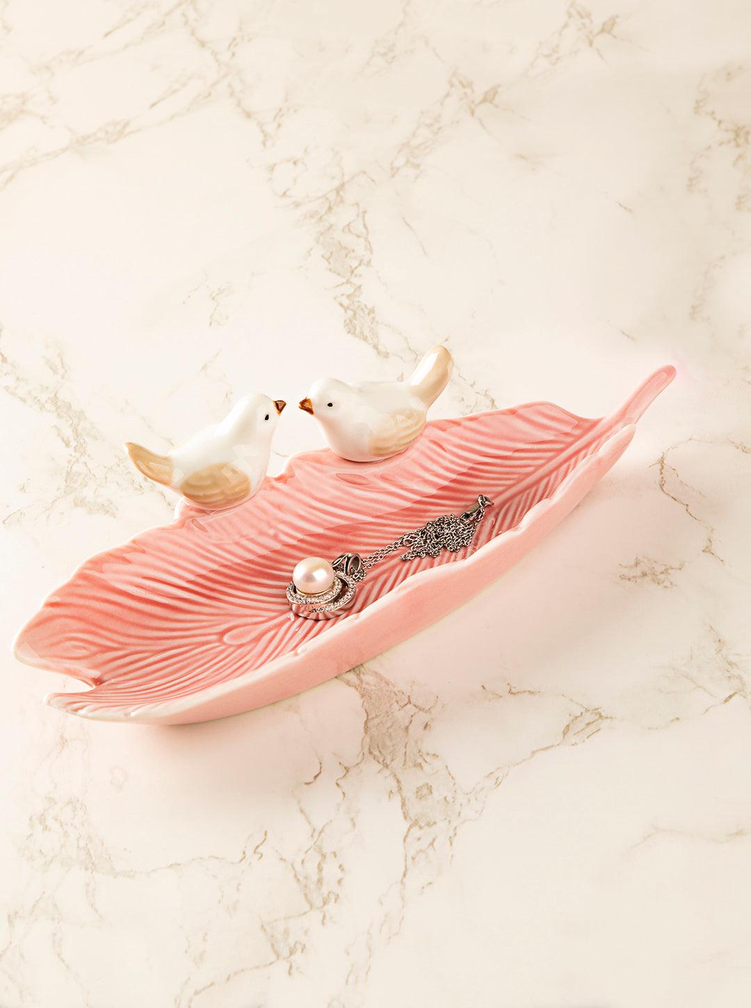 Jewellery Holder Tray, Crafted Bird, for Dressing Table, Ring Dash, Rectangular, Pink, Ceramic - MARKET 99