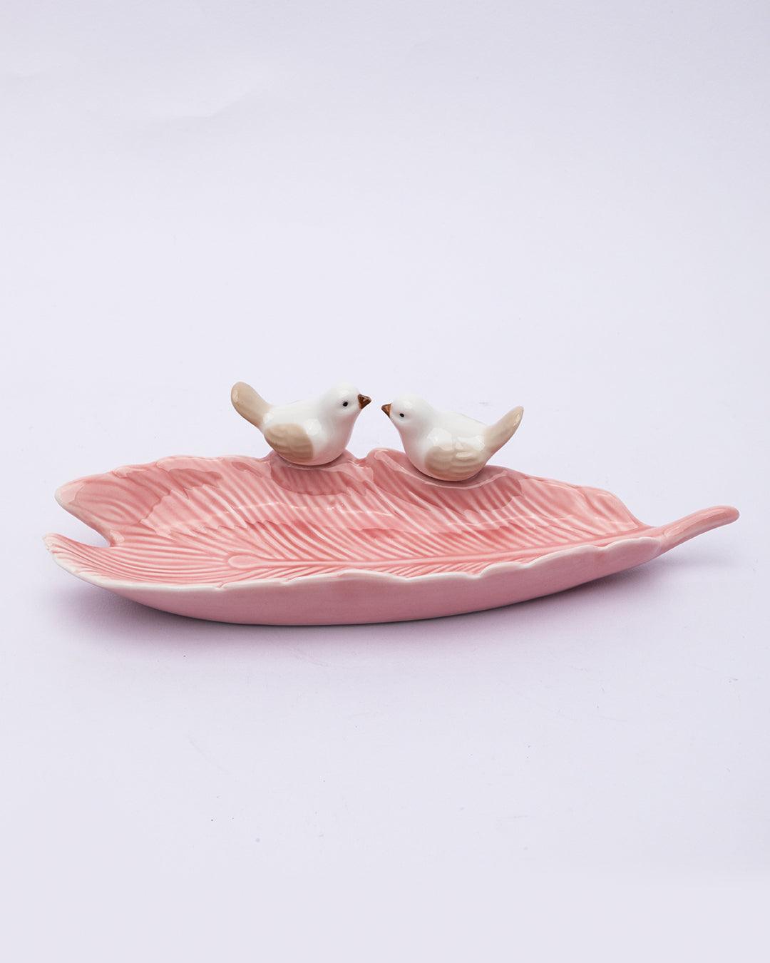 Jewellery Holder Tray, Crafted Bird, for Dressing Table, Ring Dash, Rectangular, Pink, Ceramic - MARKET 99