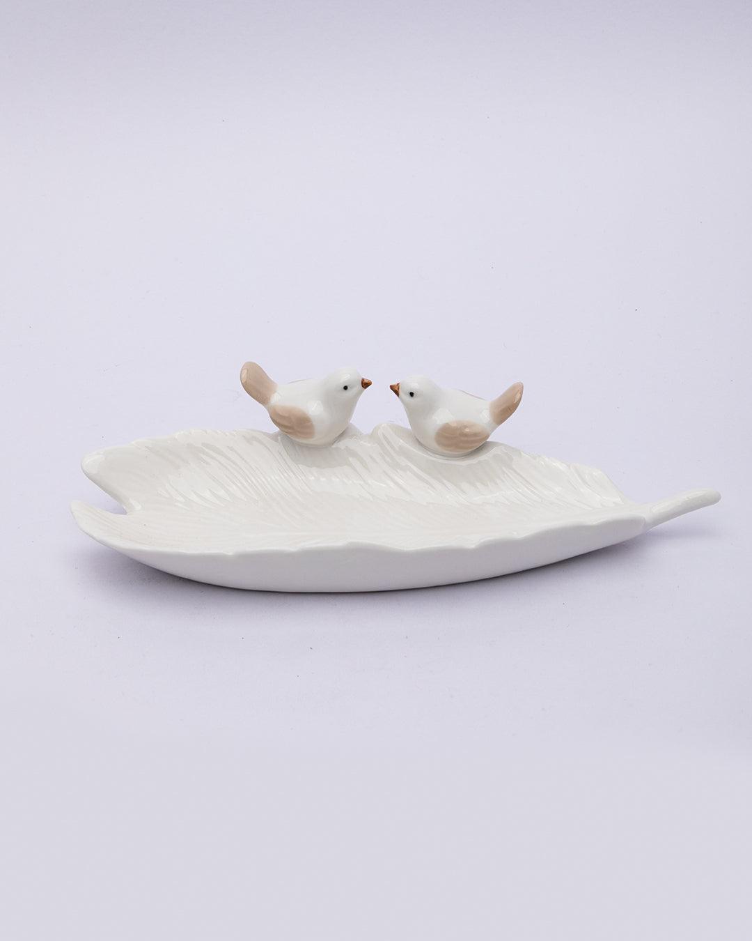 Jewellery Holder Tray, Crafted Bird, for Dressing Table, Ring Dash, Rectangular, White, Ceramic - MARKET 99